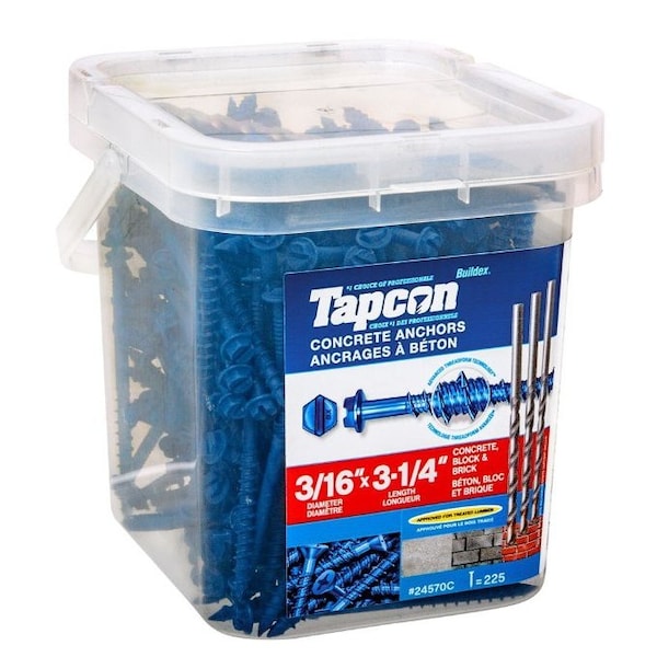 3/16-inch x 3-1/4-inch Climaseal Blue Slotted Hex Head Concrete Screw Anchors w/Drill Bit, 225PK